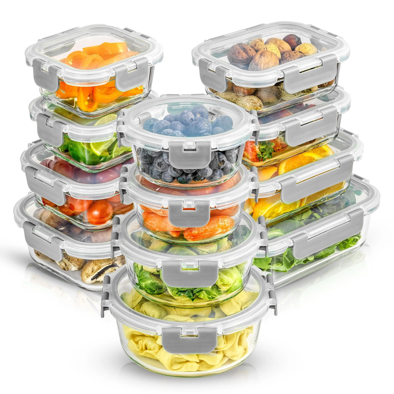 12 Glass Storage Containers With Grey Leakproof Lids